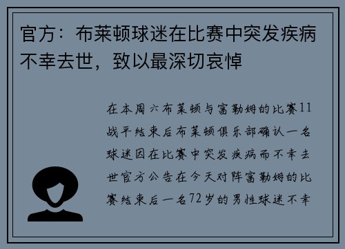 官方：布莱顿球迷在比赛中突发疾病不幸去世，致以最深切哀悼